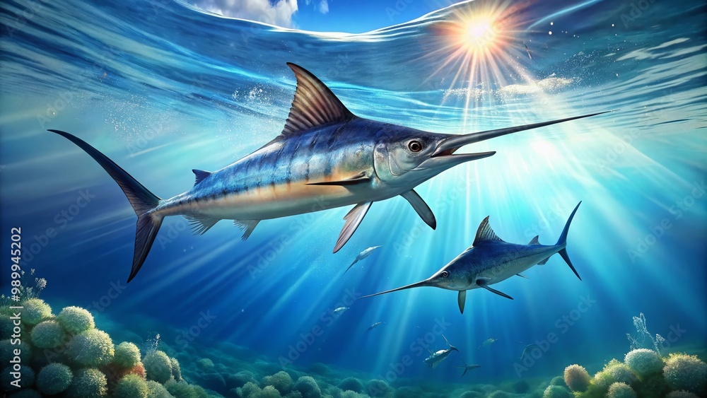 Fototapeta premium Majestic Marlin Swordfish Swimming Gracefully in Clear Blue Ocean Waters Under Bright Sunlight
