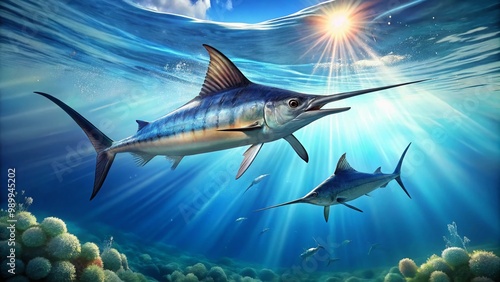 Majestic Marlin Swordfish Swimming Gracefully in Clear Blue Ocean Waters Under Bright Sunlight