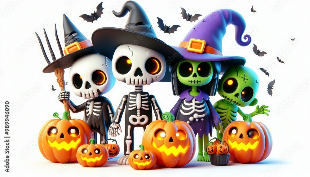 A group of adorable skeletons and a witch dressed in costumes for Halloween, surrounded by pumpkins. The image captures the spirit of fun and lightheartedness associated with the holiday. A group of adorable skeletons and a witch dressed in costumes for Halloween, surrounded by pumpkins. The image captures the spirit of fun and lightheartedness associated with the holiday.