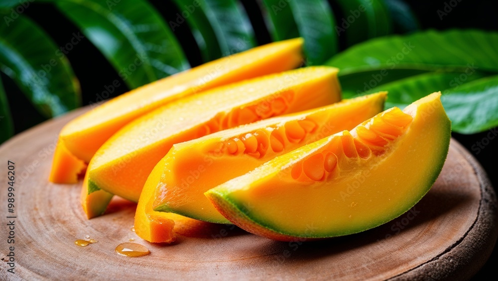 Juicy mango slices with bright orange hue closeup Juicy mango slices with bright orange hue closeup