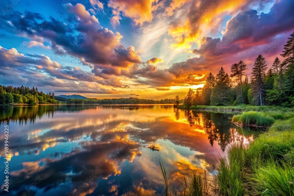 Obraz premium Majestic sunset over tranquil lake reflecting vibrant colors of nature in serene wilderness landscape