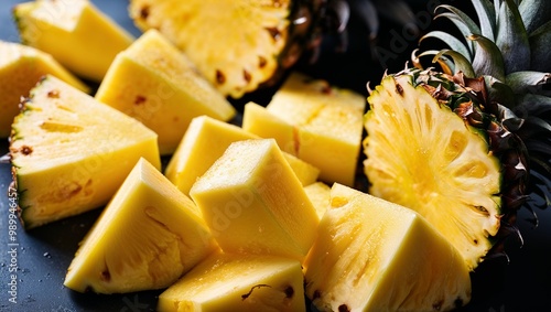 Juicy pineapple chunks with yellow flesh closeup photo