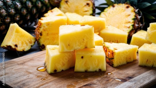 Juicy pineapple chunks with yellow flesh closeup