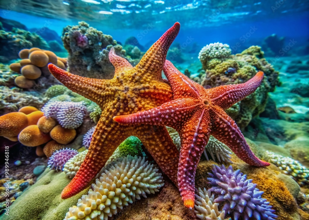 Mating Starfish Displaying Unique Reproductive Behavior Underwater in Vibrant Coral Reef Environment Mating Starfish Displaying Unique Reproductive Behavior Underwater in Vibrant Coral Reef Environment