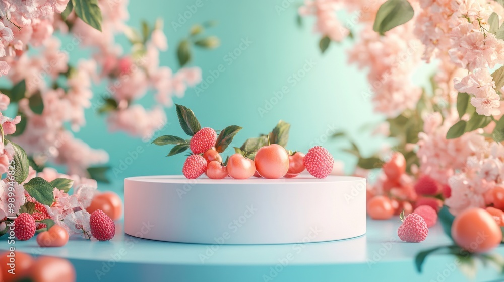 Beautiful 3D rendering of a white circular podium with various red and purple berries beautifully arranged. Perfect for product display, helping in multiple media designs.