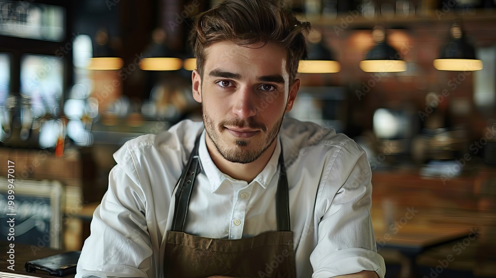 Professional waiter sitting in his workspace, showcasing dedication to service and the vibrant atmosphere of the dining experience Professional waiter sitting in his workspace, showcasing dedication to service and the vibrant atmosphere of the dining experience