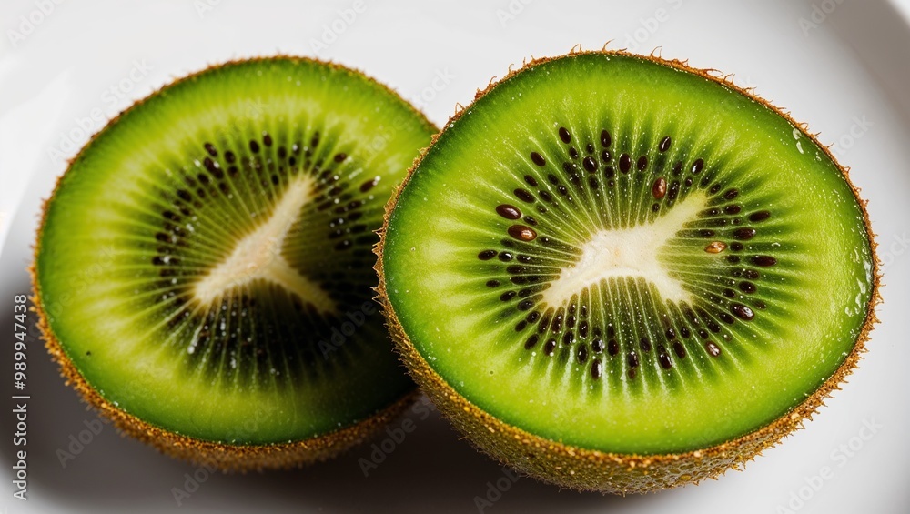 Sliced kiwi with bright green seeds closeup
