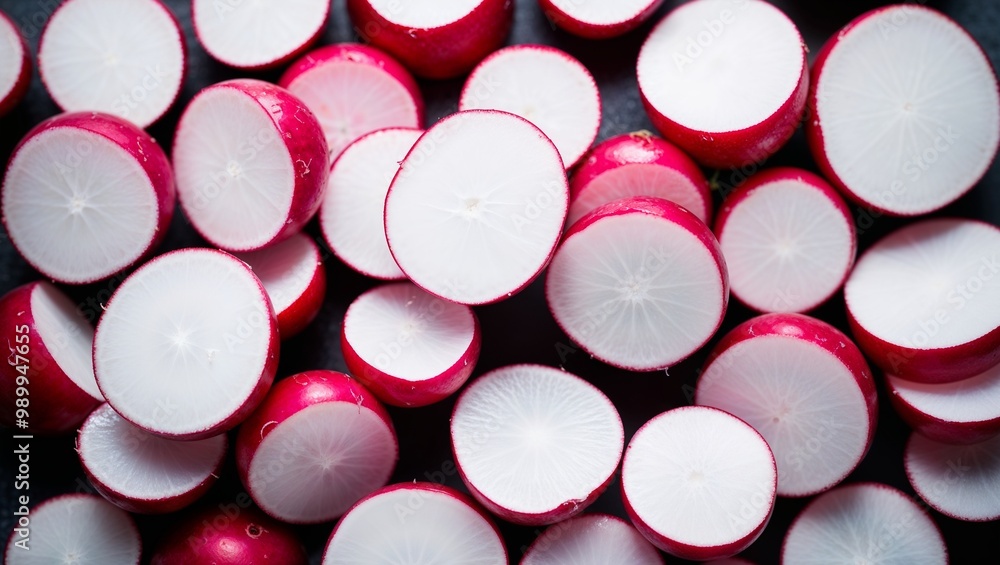 Sliced radishes with crisp white flesh closeup Sliced radishes with crisp white flesh closeup