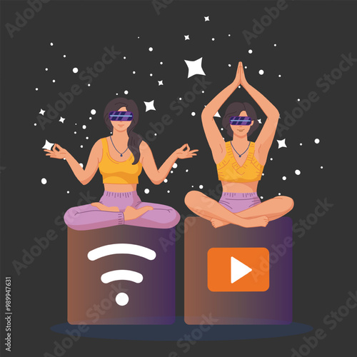 Metaverse meditation. Flat vector illustration with 2 woman wearing virtual reality glasses, engaging with digital tasks while in a yoga pose. Future technology.