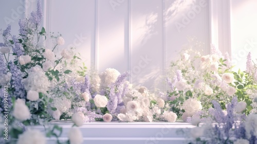 A white podium decorated with beautiful pastel-toned flowers is perfect for displaying products and helping with various media designs.