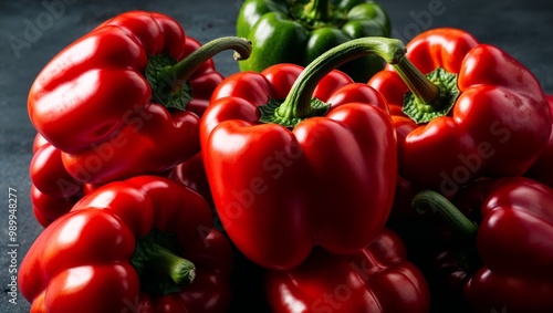 Whole bell peppers with glossy red skin closeup