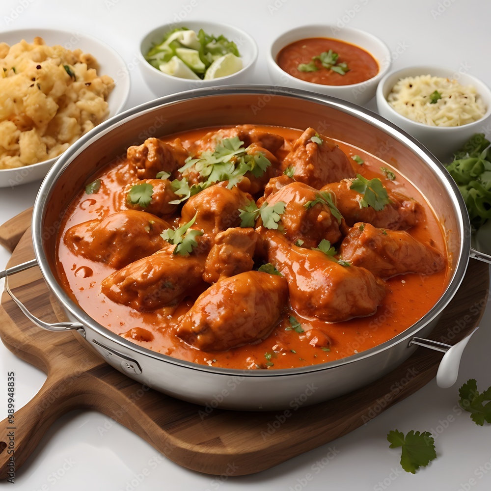 Delicious juicy tasty butter chicken dish well cooked with Tomato sauce with some vegetable served, traditional butter chicken, tasty butter chicken curry dish Delicious juicy tasty butter chicken dish well cooked with Tomato sauce with some vegetable served, traditional butter chicken, tasty butter chicken curry dish