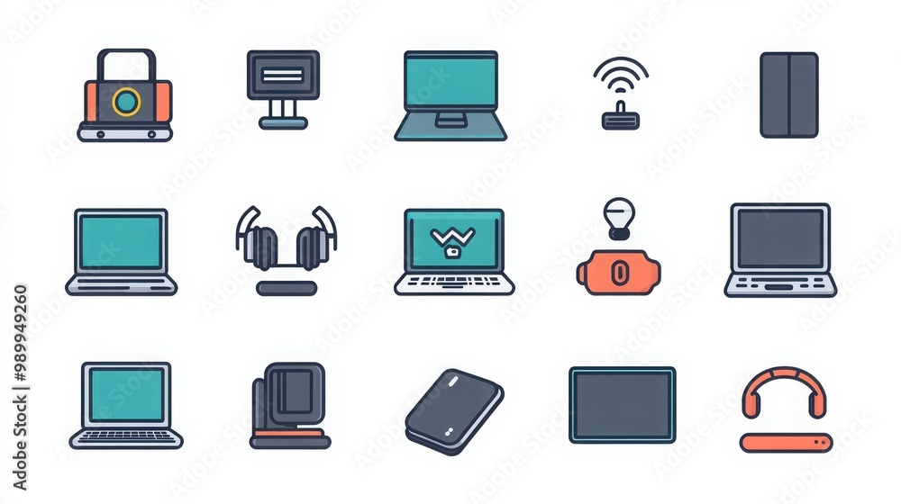 Technology thin line icon set. Containing a smartphone in black, laptop in silver, desktop computer in dark gray, tablet in white, smartwatch in blue, router in green, keyboard in black Technology thin line icon set. Containing a smartphone in black, laptop in silver, desktop computer in dark gray, tablet in white, smartwatch in blue, router in green, keyboard in black