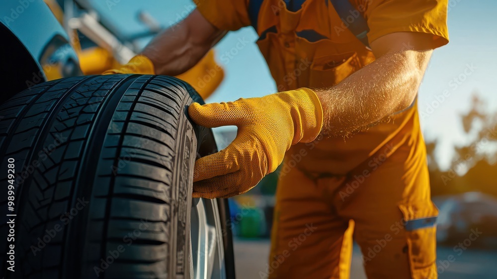 Close-up of a mechanic s hands lifting a brand-new tire onto a car, capturing the blend of skill and fresh beginnings Close-up of a mechanic s hands lifting a brand-new tire onto a car, capturing the blend of skill and fresh beginnings