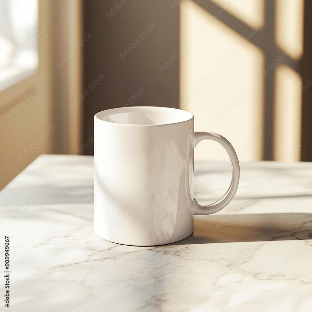 A white coffee mug on a marble table A white coffee mug on a marble table