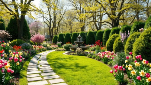 Landscaping images, garden with flowers, Beautiful Spring Garden with Flowering Pathway and Fountain