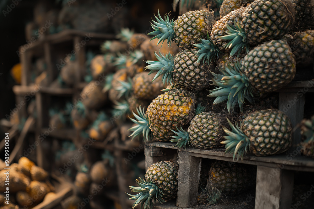 A Stack of Freshly Harvested Pineapples with Their Crowns Still Attached: A Tropical Delight Ready for Enjoyment A Stack of Freshly Harvested Pineapples with Their Crowns Still Attached: A Tropical Delight Ready for Enjoyment