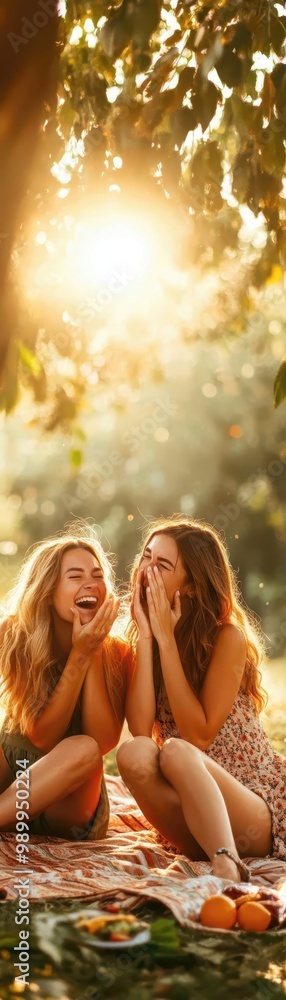 Two women enjoying a joyful moment in a sunlit park, laughing and sharing secrets on a cozy blanket. Two women enjoying a joyful moment in a sunlit park, laughing and sharing secrets on a cozy blanket.