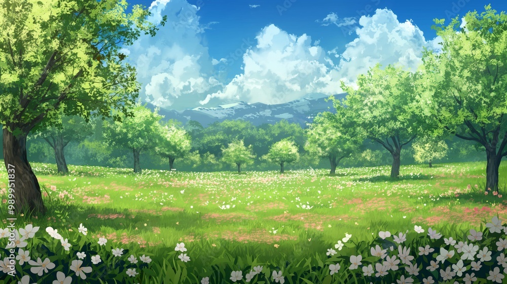 anime background of the white flower and green grass