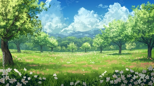 Obraz na płótnie anime background of the white flower and green grass w salonie