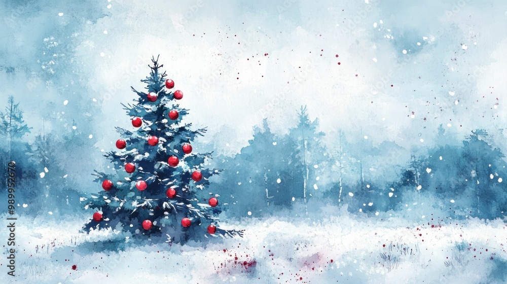Christmas tree in a snowy landscape with red ornaments, peaceful winter scene, soft blue tones, serene atmosphere, perfect for holiday themes and festive celebrations, winter wonderland Christmas tree in a snowy landscape with red ornaments, peaceful winter scene, soft blue tones, serene atmosphere, perfect for holiday themes and festive celebrations, winter wonderland