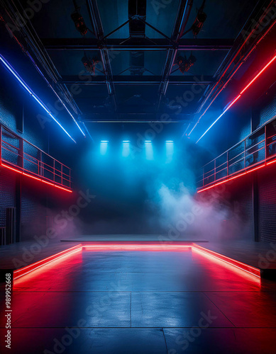 black gym background dark lights with red and blue neon lights copy space .Sport concept, healthy active lifestyle for sport product.Generative AI