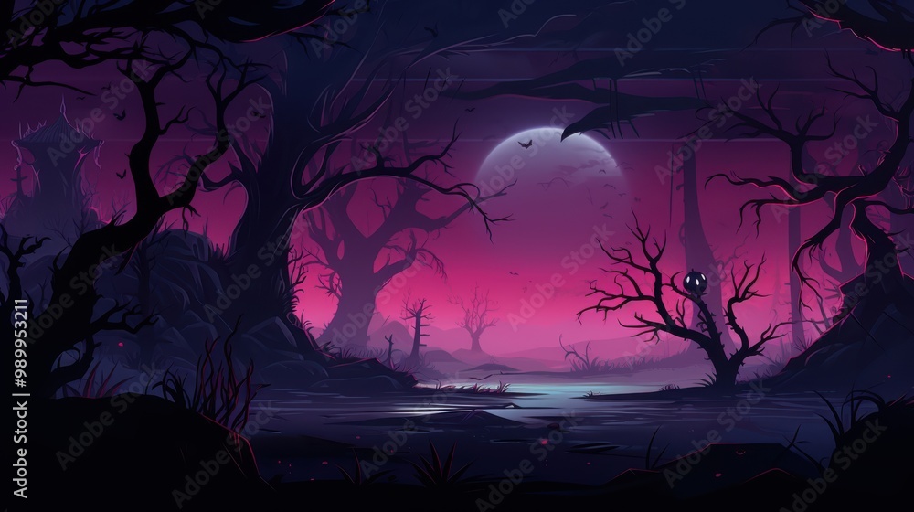 A Mystical, Silhouetted Forest Scene with a Full Moon A Mystical, Silhouetted Forest Scene with a Full Moon