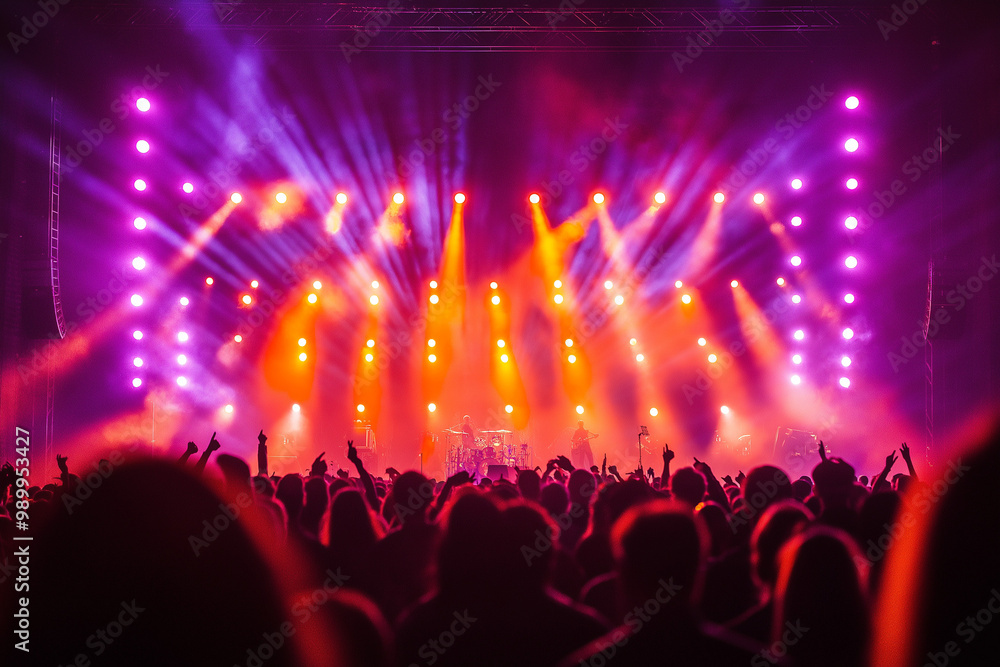 The Crowd's View of a Brightly Lit Rock Stage with the Band Performing: Immersed in the Live Music Experience The Crowd's View of a Brightly Lit Rock Stage with the Band Performing: Immersed in the Live Music Experience