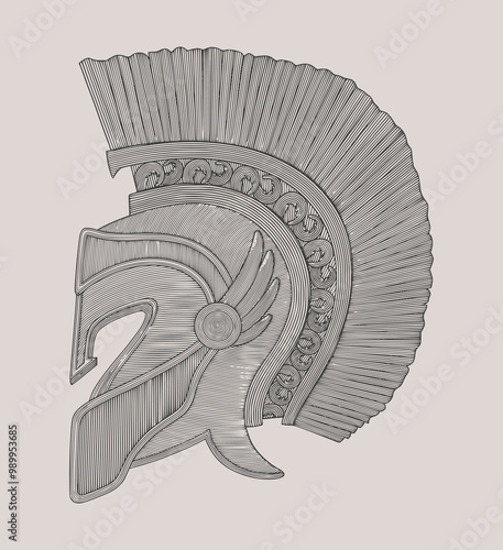 Antique warrior helmet. Vintage engraving drawing style illustration