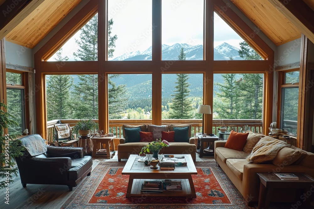 A large living room with a fireplace and a view of mountains