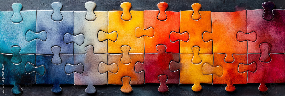 Colorful puzzle pieces arranged in a row, representing teamwork and collaboration. Colorful puzzle pieces arranged in a row, representing teamwork and collaboration.