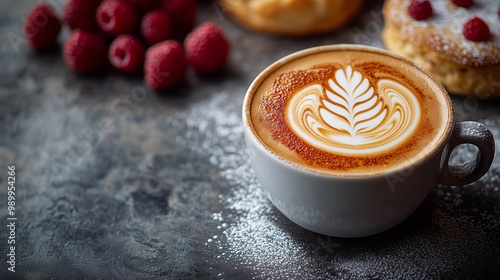 Top view on a cup of cappuccino with a foam leaf design and pastries and raspberries in the background with space for text