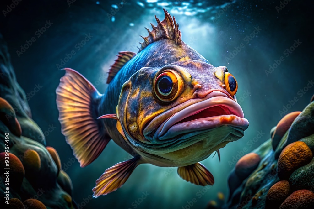 Fototapeta premium Mysterious Scary Deep Water Fish with Unique Features in Dark Ocean Environment Captivating Image