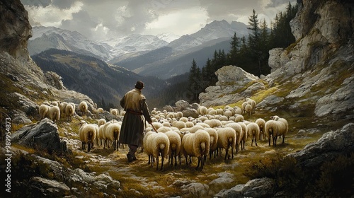 A Shepherd Leading a Flock of Sheep Through a Mountainous Landscape