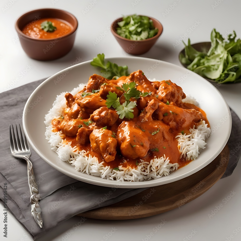 Delicious juicy tasty butter chicken dish well cooked with Tomato sauce with some vegetable served, traditional butter chicken, tasty butter chicken curry dish Delicious juicy tasty butter chicken dish well cooked with Tomato sauce with some vegetable served, traditional butter chicken, tasty butter chicken curry dish