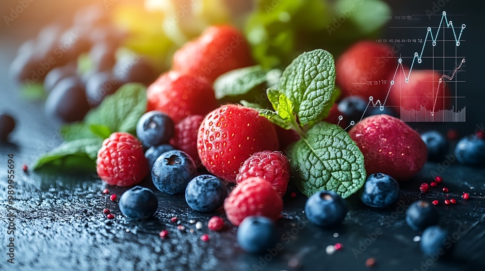 A close-up of vibrant fruits and leafy greens on a rustic table, with a clean, modern graph showing an upward trend in exports superimposed on the right side A close-up of vibrant fruits and leafy greens on a rustic table, with a clean, modern graph showing an upward trend in exports superimposed on the right side