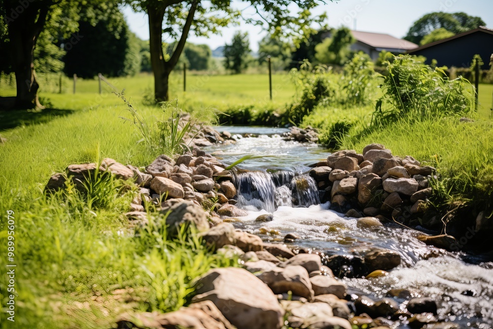 A tranquil stream flows through a lush, green landscape under a clear blue sky on a sunny day A tranquil stream flows through a lush, green landscape under a clear blue sky on a sunny day