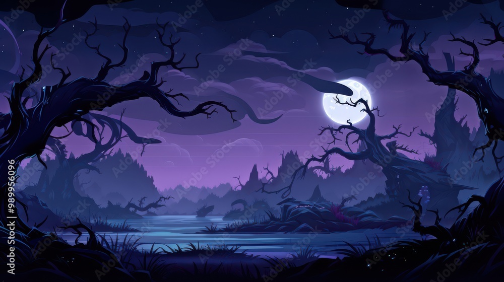 Fototapeta premium A Mysterious Nighttime Landscape with a Full Moon, Bare Trees, and a River