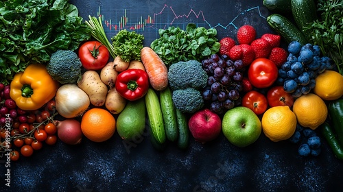 A mix of colorful vegetables and fruits placed symmetrically on the table, with a graph illustrating export growth integrated into the image background