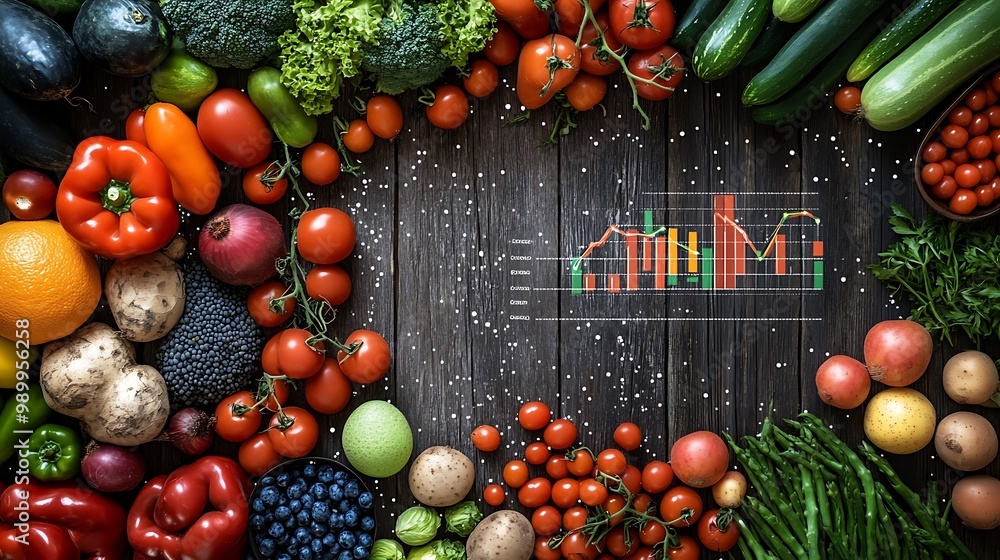 A rustic wooden table covered in assorted fruits and vegetables, with an export growth graph superimposed on the top right, adding a business-oriented visual element A rustic wooden table covered in assorted fruits and vegetables, with an export growth graph superimposed on the top right, adding a business-oriented visual element