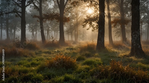 Misty Morning Dewfall. Soft fog hovering over dew-covered leaves and grass, with warm sunlight breaking through the mist. Realistic style. photo