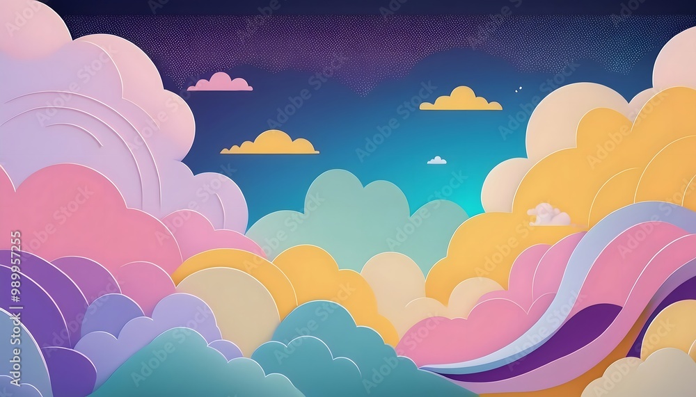 The sky background is filled with pastel fluffy clouds in a paper layer format. The sky background is filled with pastel fluffy clouds in a paper layer format.