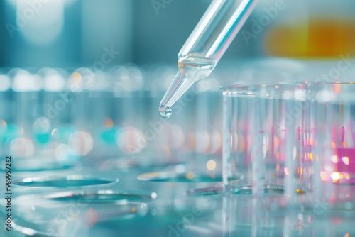 Pharmaceutical Innovation, Liquid drops from a pipette enter a test tube in a lab, highlighting the intricate process of drug research and development in pharmacology.