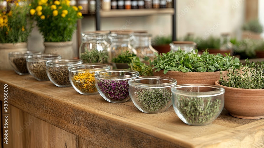 A wooden table with many bowls of herbs and spices A wooden table with many bowls of herbs and spices