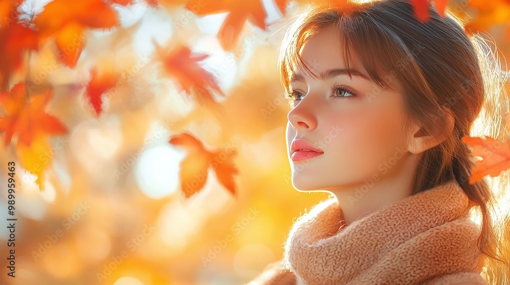 Fototapeta premium stunning autumn banner with a happy girl surrounded by yellow and red leaves creating a warm atmosphere in a blurred natural setting celebrating the season