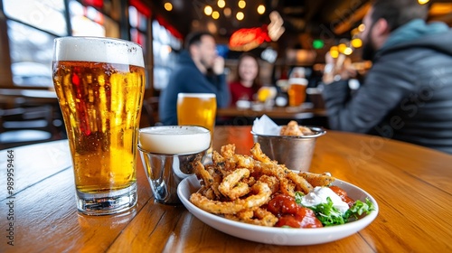 A vibrant dining scene with two glasses of beer and a plate of crispy food on a wooden table, showcasing a lively atmosphere.