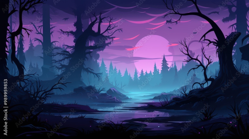Silhouetted Trees and a Purple Moon over a Still Forest Lake Silhouetted Trees and a Purple Moon over a Still Forest Lake