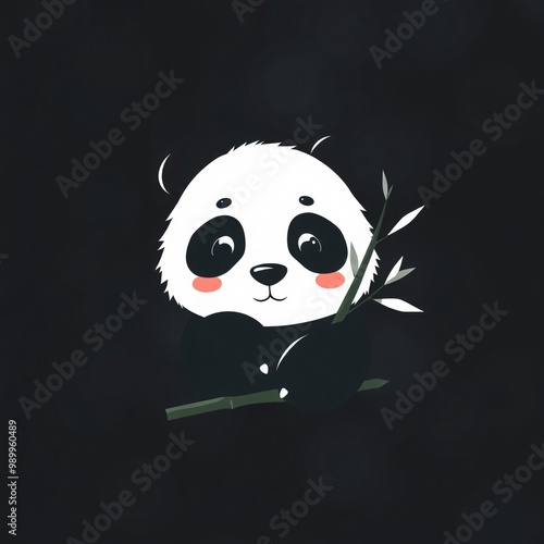 Cute panda holding a bamboo shoot on a dark background, showcasing its playful and charming nature in a minimalist design photo