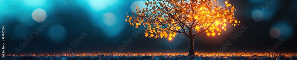 Naklejka premium Low-angle shot of a tree with glowing leaves during a summer night