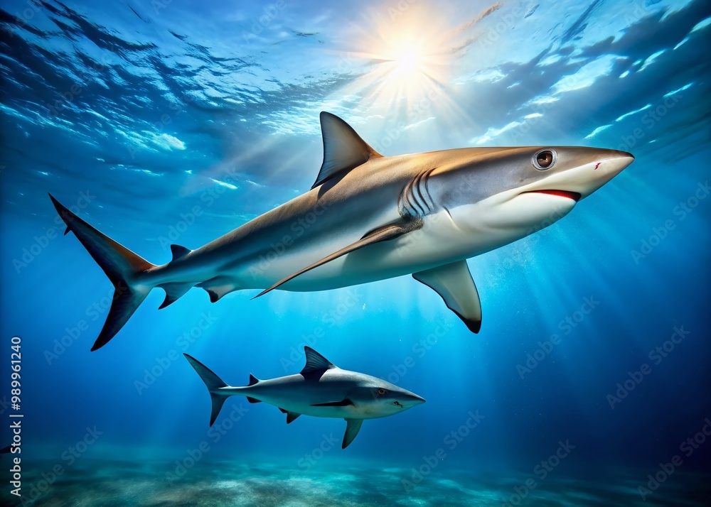 Fototapeta premium Remora Fish Interacting with Shark in Clear Blue Ocean Waters, Underwater Marine Life Scene